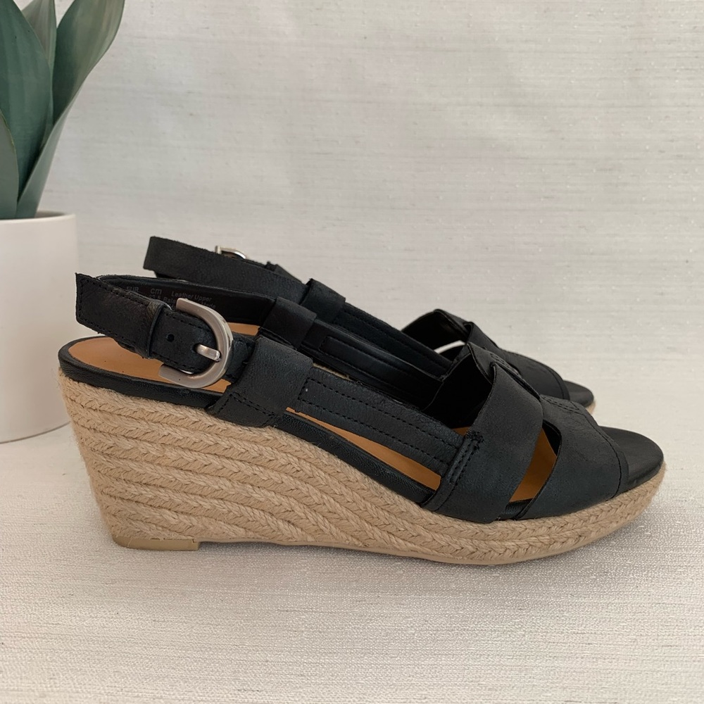 New Franco Sarto CRISPIN Black Leather Espadrille Wedge Sandals Women’s 6.5